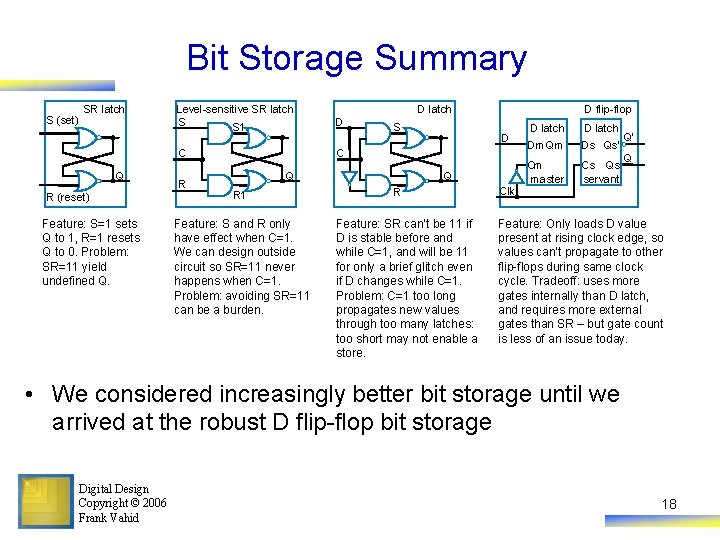 Bit Storage Summary S (set) SR latch Level-sensitive SR latch S S 1 C