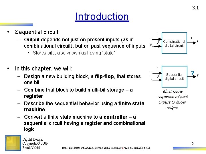 3. 1 Introduction • Sequential circuit – Output depends not just on present inputs