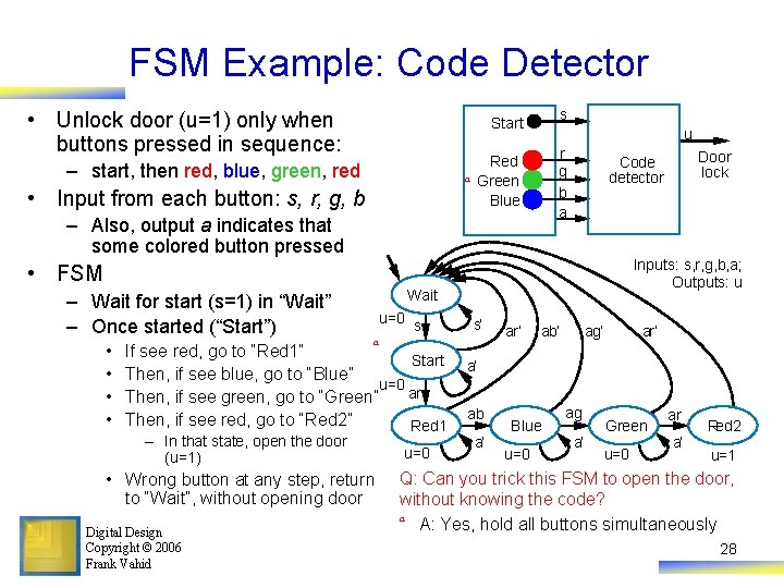 FSM Example: Code Detector • Unlock door (u=1) only when buttons pressed in sequence: