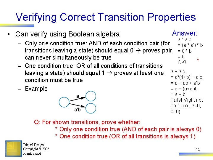 Verifying Correct Transition Properties • Can verify using Boolean algebra Answer: a * a’b