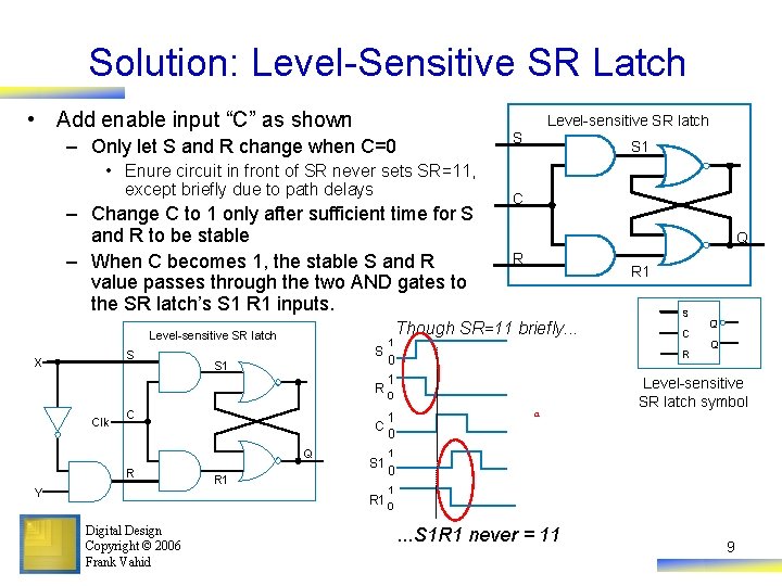 Solution: Level-Sensitive SR Latch • Add enable input “C” as shown Level-sensitive SR latch