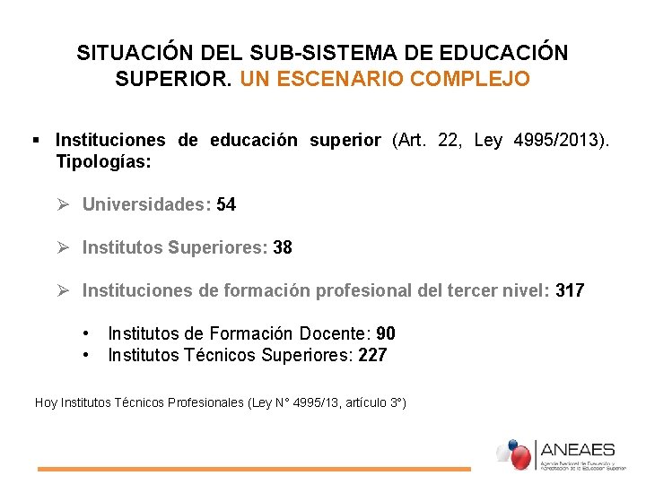 SITUACIÓN DEL SUB-SISTEMA DE EDUCACIÓN SUPERIOR. UN ESCENARIO COMPLEJO § Instituciones de educación superior