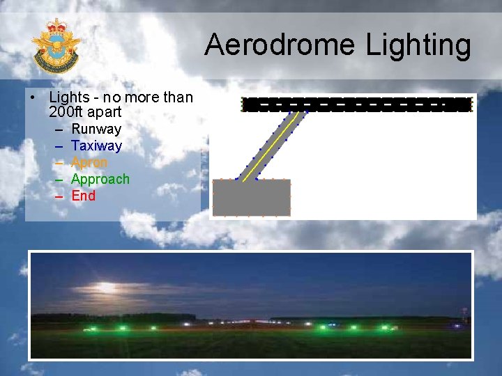 Aerodrome Lighting • Lights - no more than 200 ft apart – – –