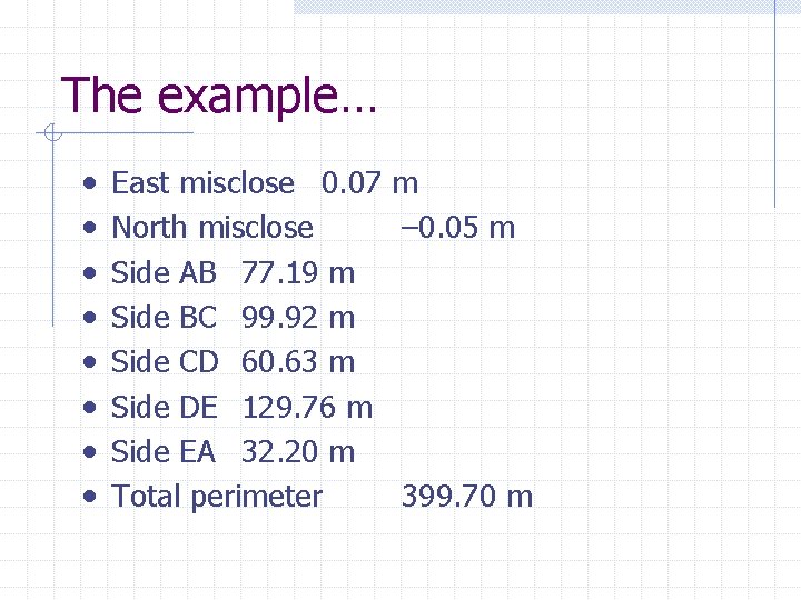 The example… • • East misclose 0. 07 m North misclose – 0. 05