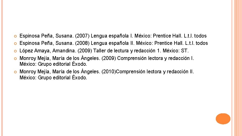  Espinosa Peña, Susana. (2007) Lengua española I. México: Prentice Hall. L. t. l.