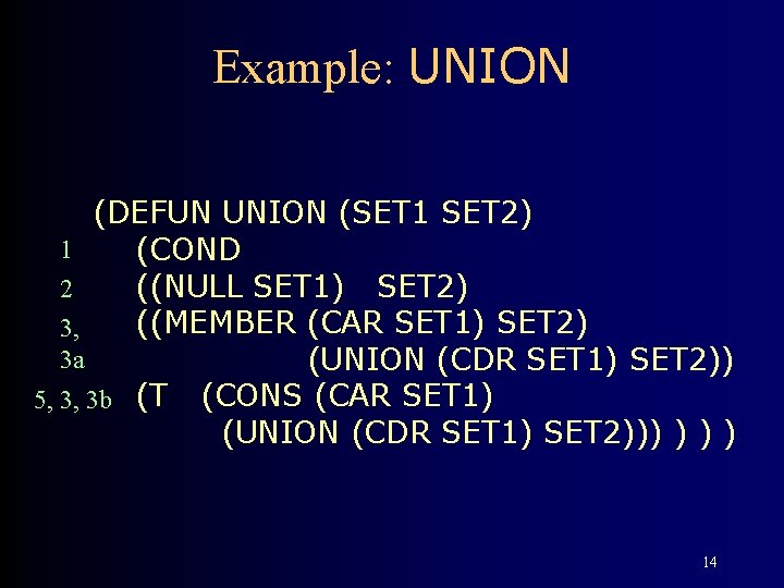 Example: UNION (DEFUN UNION (SET 1 SET 2) 1 (COND ((NULL SET 1) SET