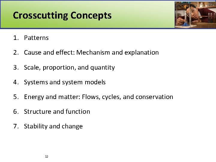 Crosscutting Concepts 1. Patterns 2. Cause and effect: Mechanism and explanation 3. Scale, proportion,