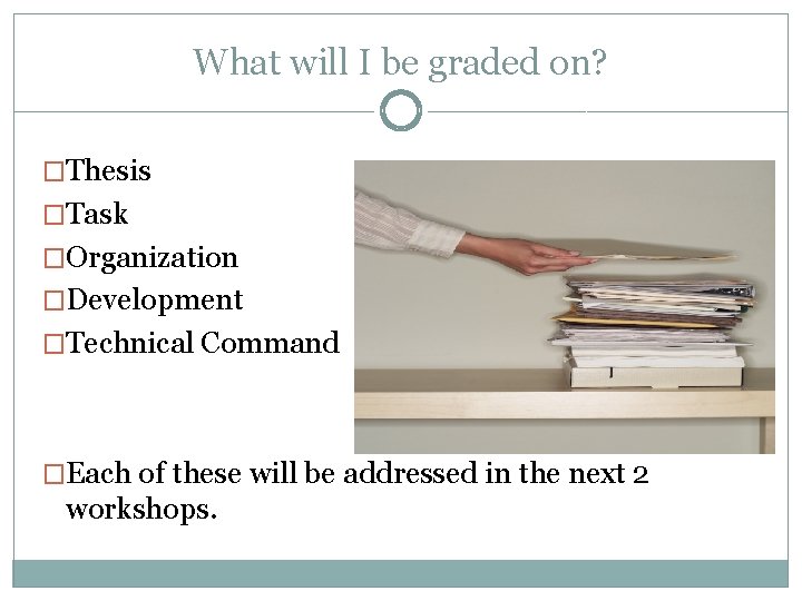 What will I be graded on? �Thesis �Task �Organization �Development �Technical Command �Each of