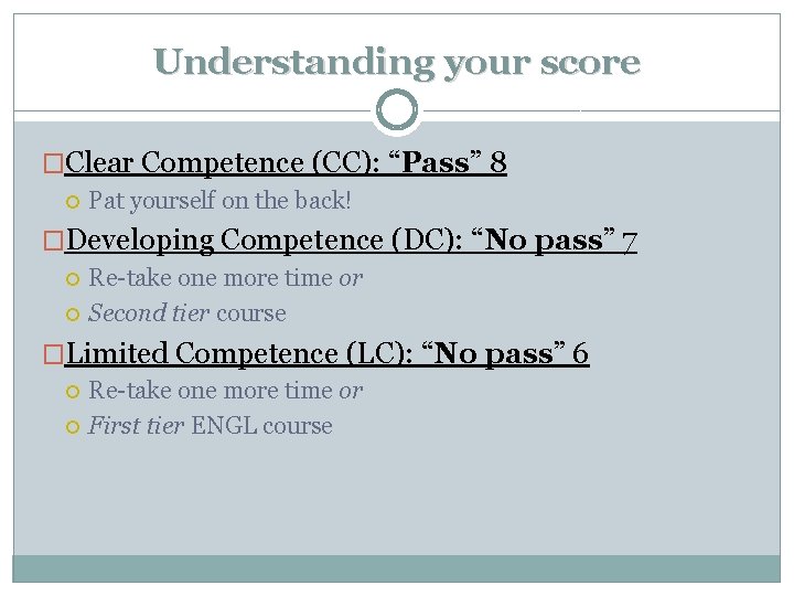Understanding your score �Clear Competence (CC): “Pass” 8 Pat yourself on the back! �Developing