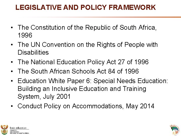 LEGISLATIVE AND POLICY FRAMEWORK • The Constitution of the Republic of South Africa, 1996 LEGISLATIVE AND POLICY FRAMEWORK • The Constitution of the Republic of South Africa, 1996