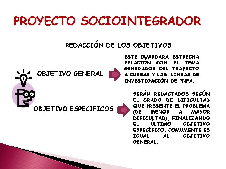 PROYECTO SOCIOINTEGRADOR REDACCIÓN DE LOS OBJETIVO GENERAL OBJETIVO ESPECÍFICOS ESTE GUARDARÁ RELACIÓN CON GENERADOR