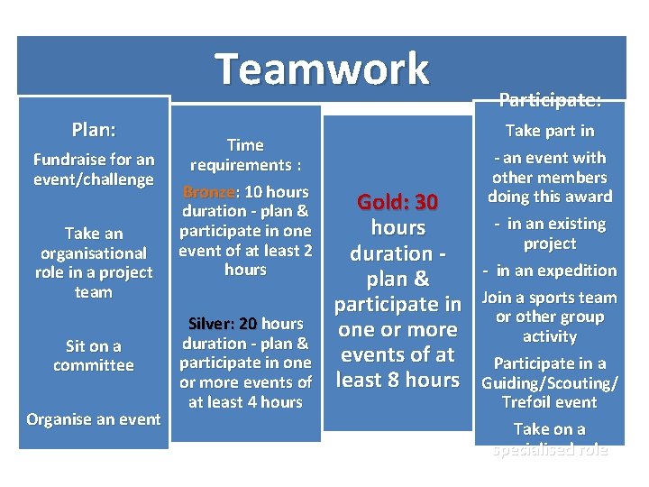 Teamwork Plan: Fundraise for an event/challenge Take an organisational role in a project team