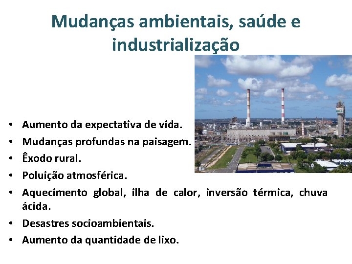 Mudanças ambientais, saúde e industrialização Aumento da expectativa de vida. Mudanças profundas na paisagem.