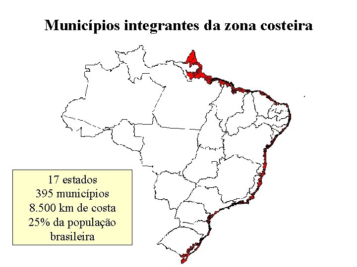 Municípios integrantes da zona costeira 17 estados 395 municípios 8. 500 km de costa