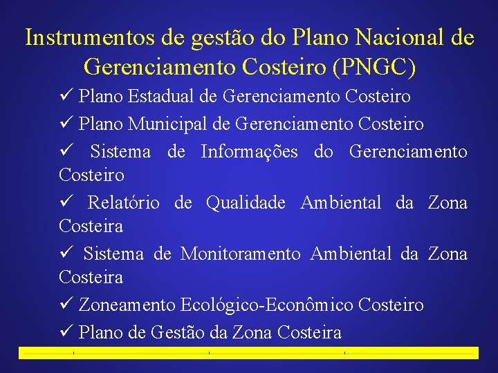 Instrumentos de gestão do Plano Nacional de Gerenciamento Costeiro (PNGC) ü Plano Estadual de