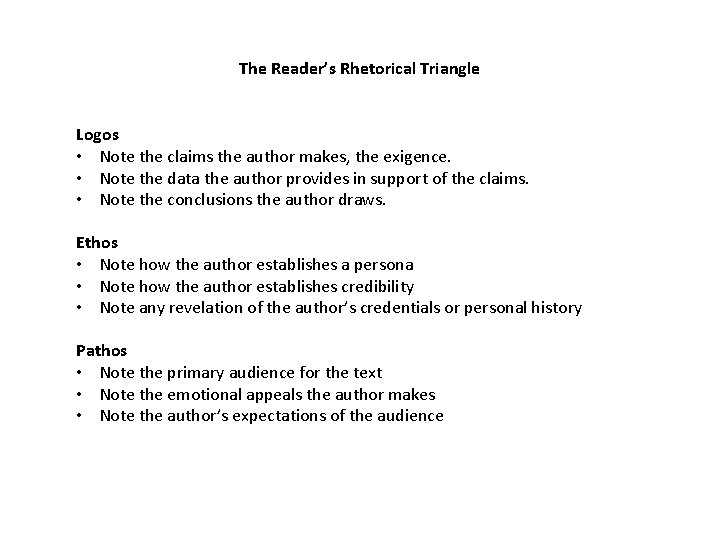The Reader’s Rhetorical Triangle Logos • Note the claims the author makes, the exigence.