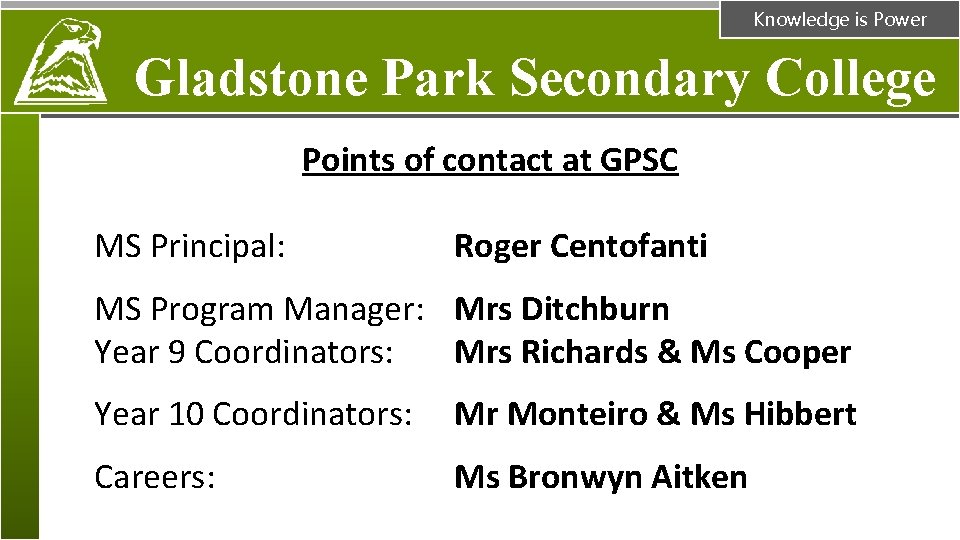 Knowledge is Power Gladstone Park Secondary College Points of contact at GPSC MS Principal: