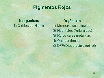 Pigmentos Rojos Inorgánicos 1) Oxidos de Hierro Orgánicos 1) Monoazoicos simples 2) Naphtoles (Arilamidas)