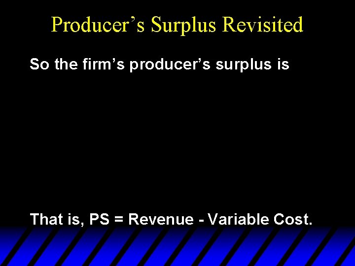 Producer’s Surplus Revisited So the firm’s producer’s surplus is That is, PS = Revenue