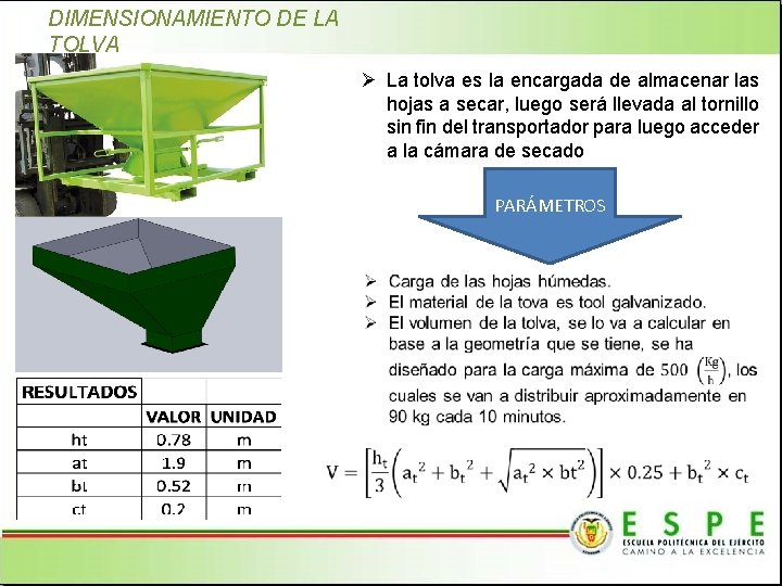 DIMENSIONAMIENTO DE LA TOLVA Ø La tolva es la encargada de almacenar las hojas