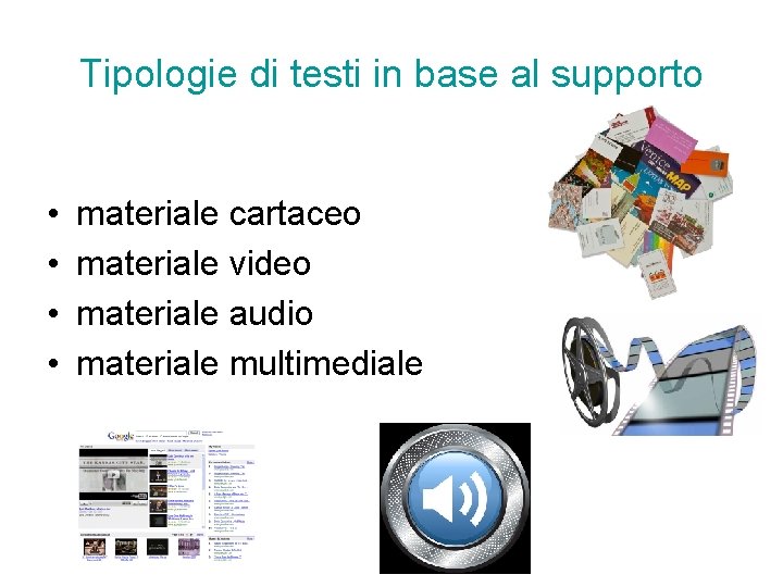 Tipologie di testi in base al supporto • • materiale cartaceo materiale video materiale Tipologie di testi in base al supporto • • materiale cartaceo materiale video materiale