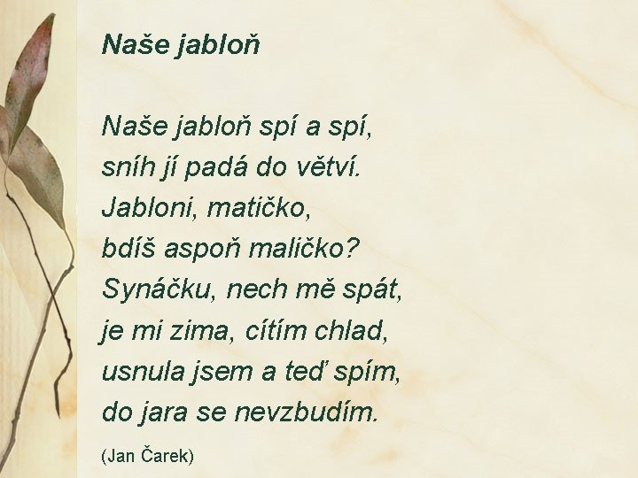 Naše jabloň spí a spí, sníh jí padá do větví. Jabloni, matičko, bdíš aspoň