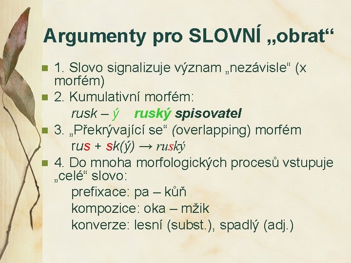 Argumenty pro SLOVNÍ „obrat“ n n 1. Slovo signalizuje význam „nezávisle“ (x morfém) 2.