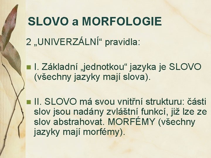 SLOVO a MORFOLOGIE 2 „UNIVERZÁLNÍ“ pravidla: n I. Základní „jednotkou“ jazyka je SLOVO (všechny