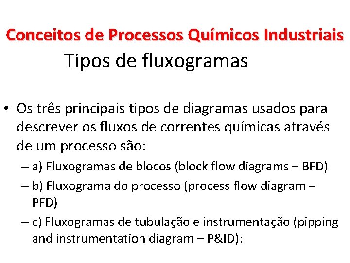 Conceitos de Processos Químicos Industriais Tipos de fluxogramas • Os três principais tipos de