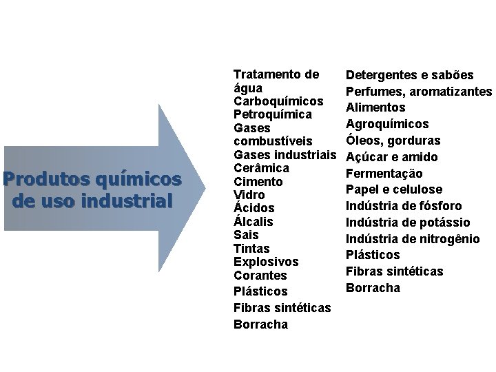 Produtos químicos de uso industrial Tratamento de água Carboquímicos Petroquímica Gases combustíveis Gases industriais