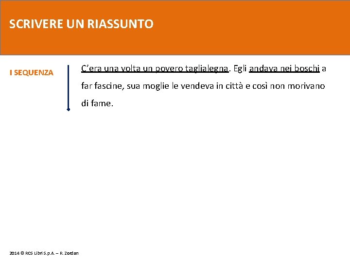 SCRIVERE UN RIASSUNTO I SEQUENZA C’era una volta un povero taglialegna. Egli andava nei