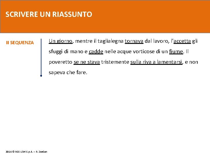 SCRIVERE UN RIASSUNTO II SEQUENZA Un giorno, mentre il taglialegna tornava dal lavoro, l’accetta