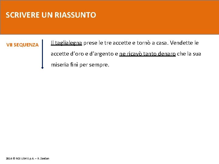 SCRIVERE UN RIASSUNTO VII SEQUENZA Il taglialegna prese le tre accette e tornò a