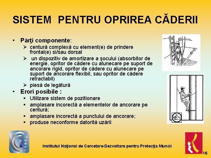 SISTEM PENTRU OPRIREA CĂDERII • Părţi componente: Ø centură complexă cu element(e) de prindere