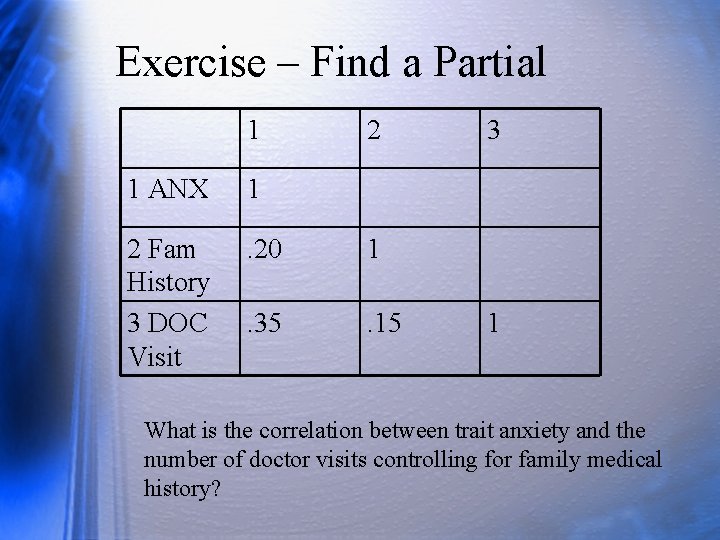 Exercise – Find a Partial 1 2 1 ANX 1 2 Fam History 3