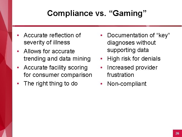 Compliance vs. “Gaming” • Accurate reflection of severity of illness • Allows for accurate