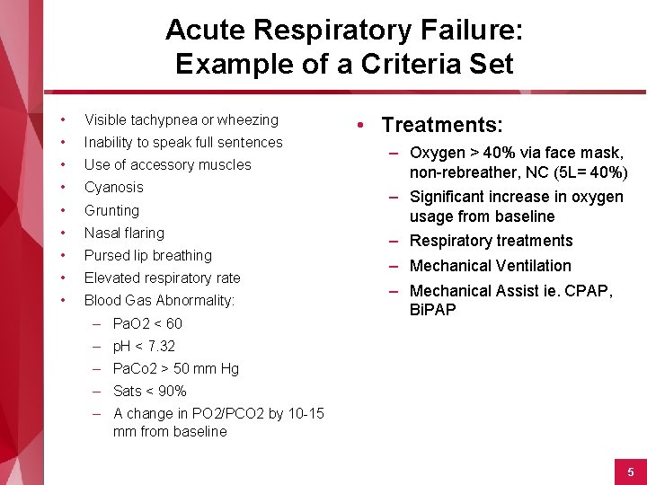 Acute Respiratory Failure: Example of a Criteria Set • Visible tachypnea or wheezing •