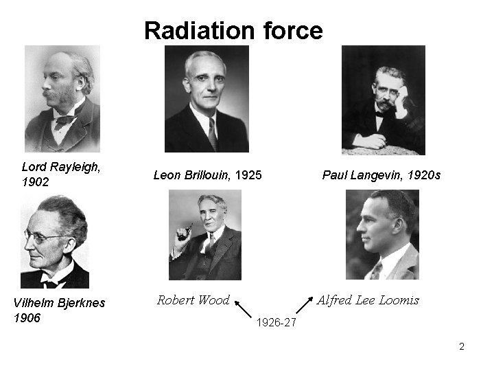 Radiation force Lord Rayleigh, 1902 Vilhelm Bjerknes 1906 Leon Brillouin, 1925 Robert Wood Paul