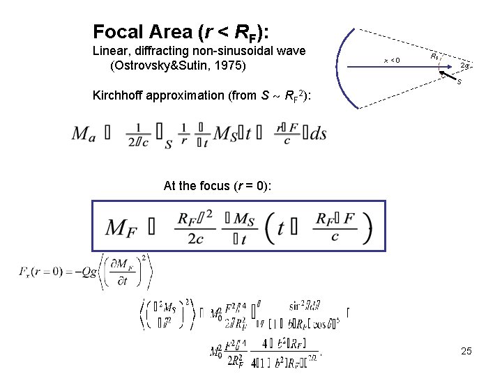 Focal Area (r < RF): Linear, diffracting non-sinusoidal wave (Ostrovsky&Sutin, 1975) x < 0