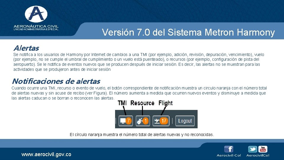 Versión 7. 0 del Sistema Metron Harmony Alertas Se notifica a los usuarios de