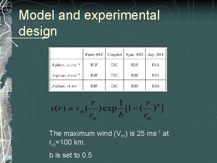 Model and experimental design The maximum wind (Vm) is 25 ms-1 at rm=100 km.