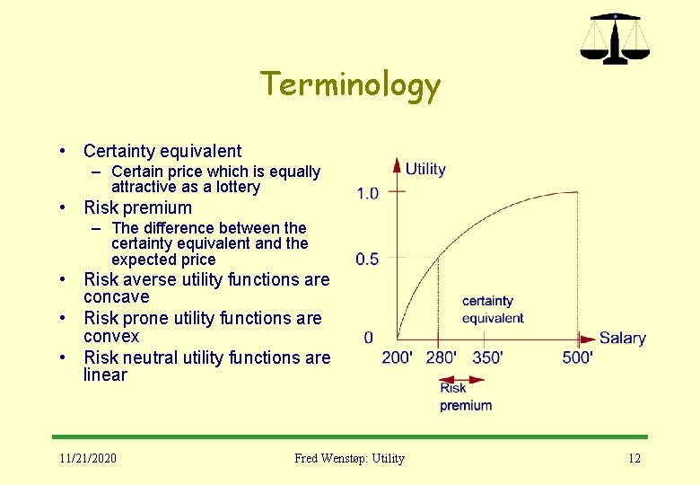 Terminology • Certainty equivalent – Certain price which is equally attractive as a lottery