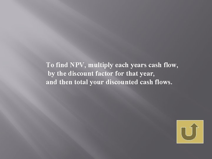 To find NPV, multiply each years cash flow, by the discount factor for that