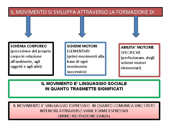 IL MOVIMENTO SI SVILUPPA ATTRAVERSO LA FORMAZIONE DI SCHEMA CORPOREO (percezione del proprio corpo