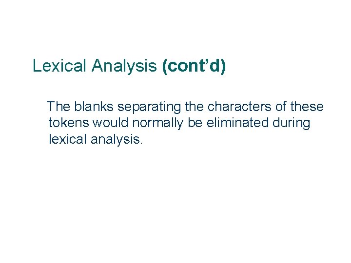 Lexical Analysis (cont’d) The blanks separating the characters of these tokens would normally be