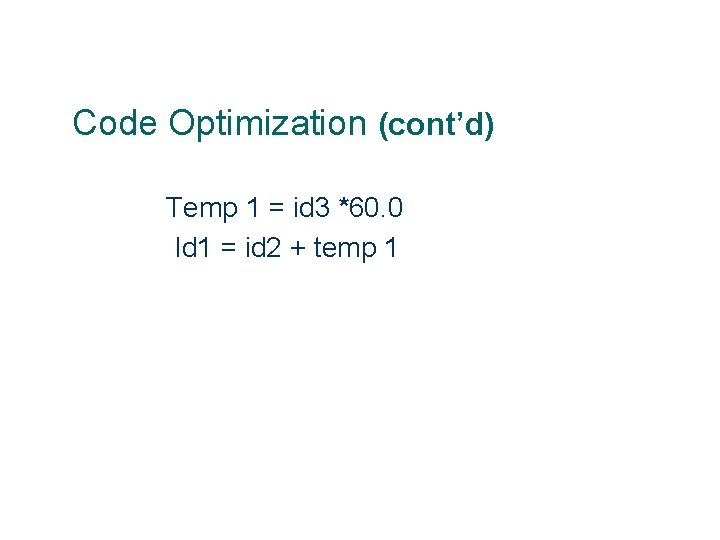 Code Optimization (cont’d) Temp 1 = id 3 *60. 0 Id 1 = id