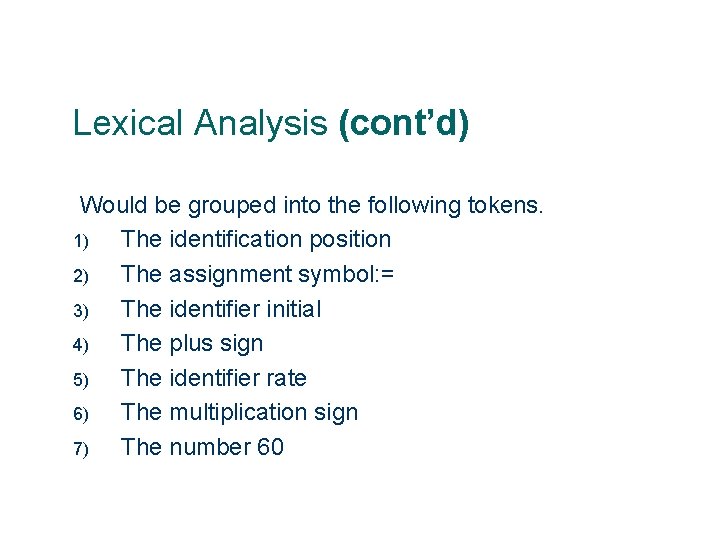 Lexical Analysis (cont’d) Would be grouped into the following tokens. 1) The identification position