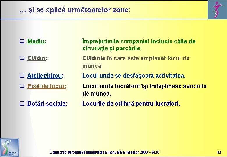 … şi se aplică următoarelor zone: q Mediu: Împrejurimile companiei inclusiv căile de circulaţie