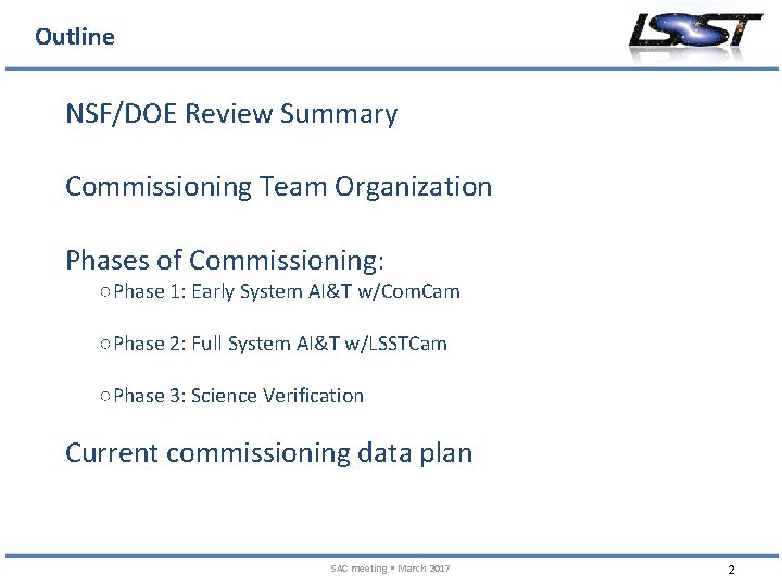 Outline NSF/DOE Review Summary Commissioning Team Organization Phases of Commissioning: ○Phase 1: Early System