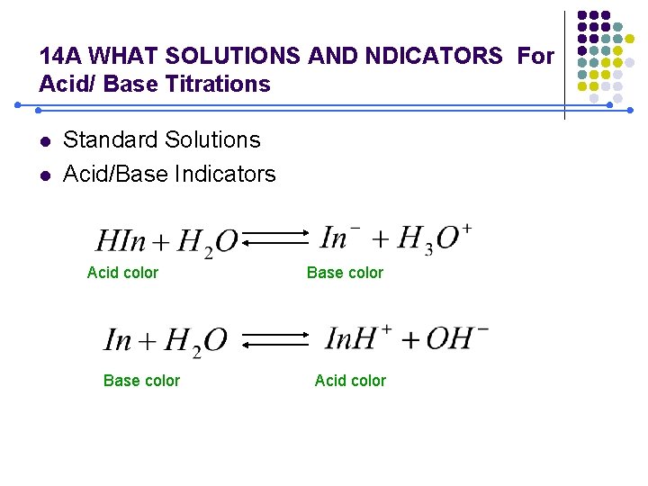 14 A WHAT SOLUTIONS AND NDICATORS For Acid/ Base Titrations l l Standard Solutions